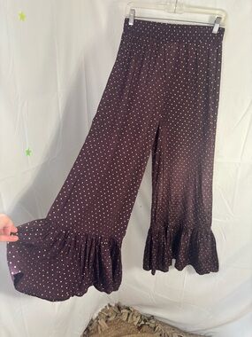 Plum Purple+Gold Polka Dot Wide Leg Pull On Ruffled Hem Boho Funky Party Pants